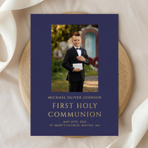 Elegant Photo Navy Blue Boy First Communion Gold