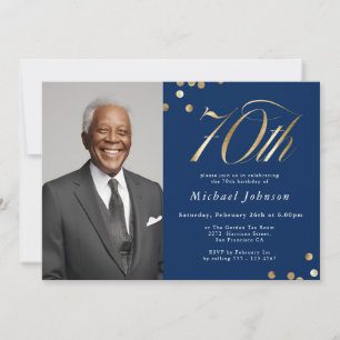 Elegant Photo Navy Blue Gold 70th Birthday Invitation