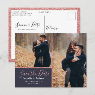 Elegant Photo Navy Blue Rose Glitter Save the Date Announcement Postcard
