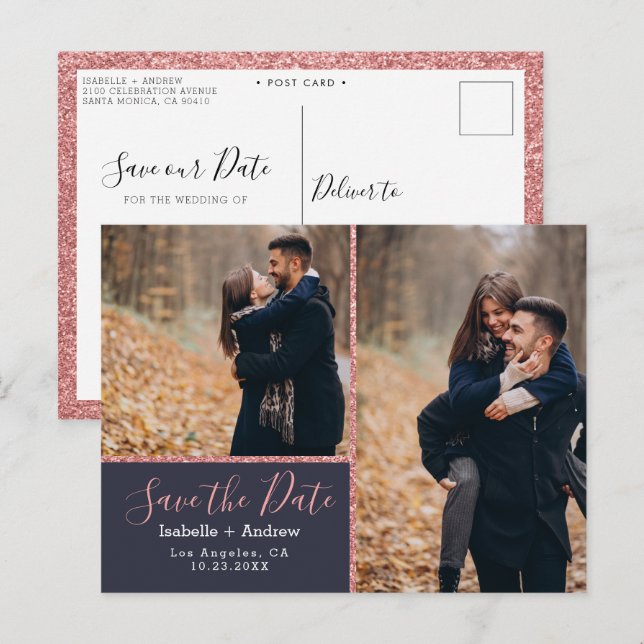 Elegant Photo Navy Blue Rose Glitter Save the Date Announcement Postcard (Front/Back)