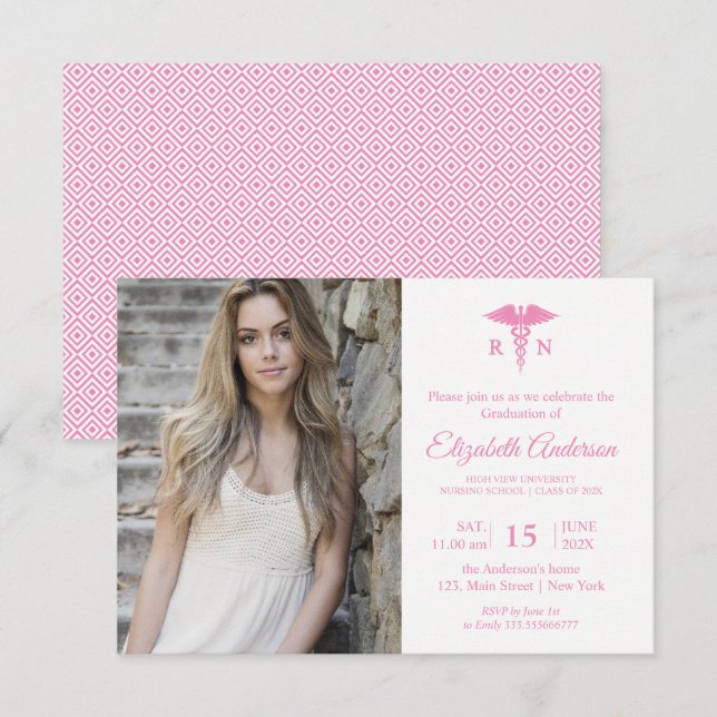 Elegant photo Nursing School graduation Pink Invitation (Front/Back)