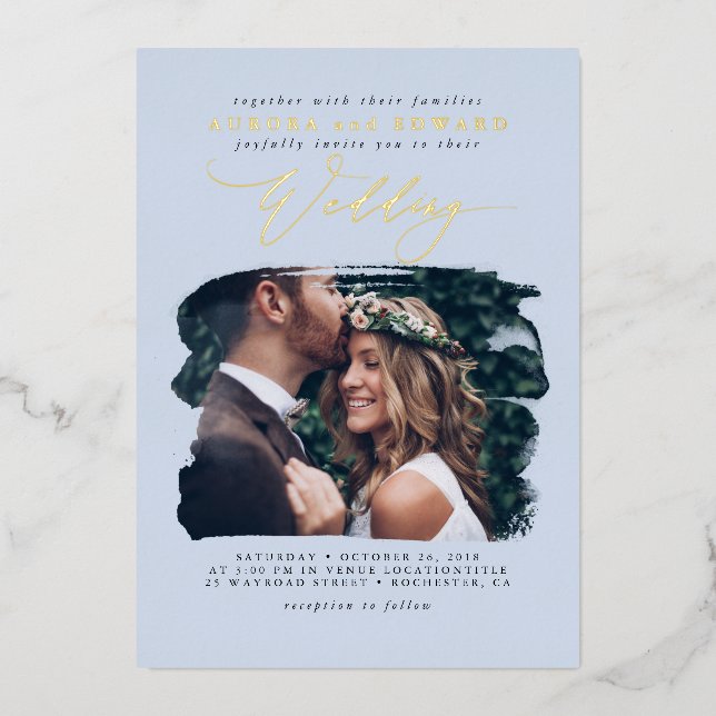 Elegant Photo Overlay Dusty Blue Boho Wedding (Front)