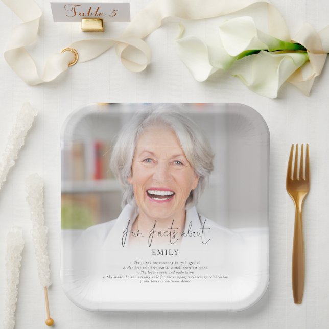 Elegant Photo Overlay Fun Facts Retirement Party Paper Plate (Wedding)