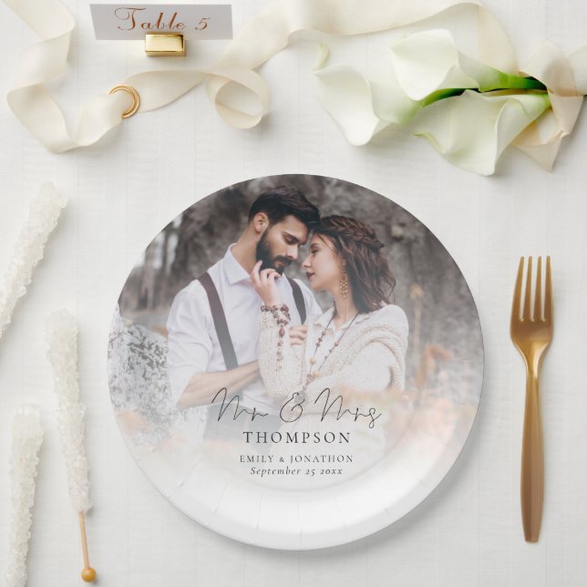 Elegant Photo Overlay Mr Mrs Names Date Wedding  Paper Plate (Wedding)