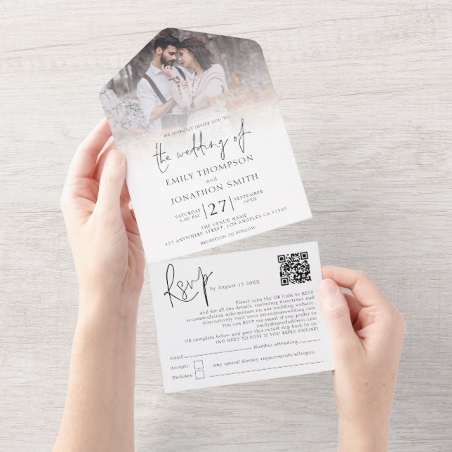 Elegant Photo Overlay QR Code Script Wedding All In One Invitation (Tearaway)