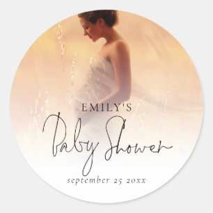 Elegant Photo Overlay Script Baby Shower Classic Round Sticker