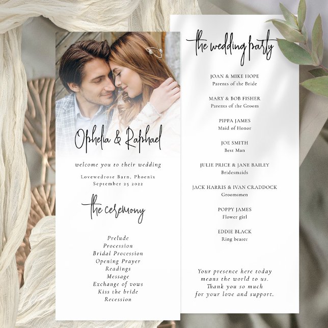Elegant Photo Overlay Script Wedding Program Invitation (Front and back view)