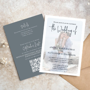 Elegant Photo Overlay Simple Dusty Blue QR Code Invitation