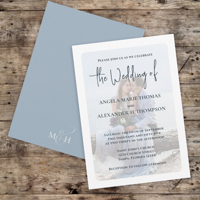Elegant Photo Overlay Simple Minimalist Dusty Blue Invitation (Creator Uploaded)