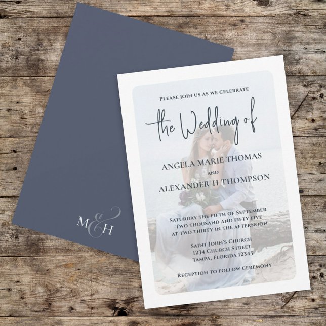 Elegant Photo Overlay Simple Minimalist Slate Blue Invitation (Creator Uploaded)