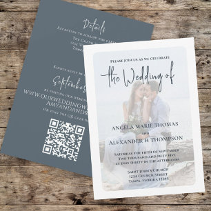 Elegant Photo Overlay Simple QR Code Grey Invitation