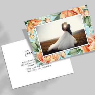 Elegant Photo Peach Floral Blue Wedding Thank You Card