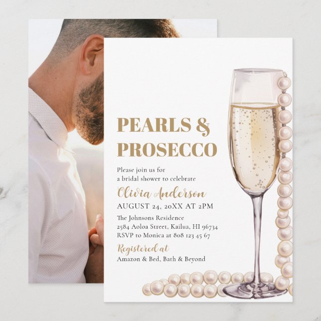Elegant Photo Pearls and Prosecco Bridal Shower Invitation (Front/Back)
