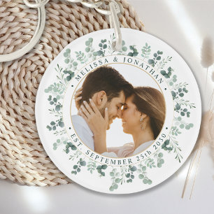 Elegant Photo Personalised Eucalyptus Wedding Key Ring