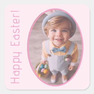 Elegant Photo Personalised Light Pink Happy Easter Square Sticker