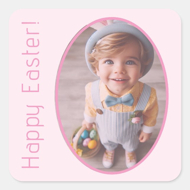 Elegant Photo Personalised Light Pink Happy Easter Square Sticker (Front)