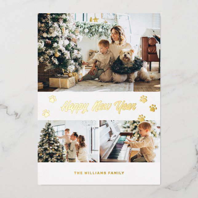 Elegant Photo Pet Owner Happy New Year Gold Foil Holiday Card (Front)