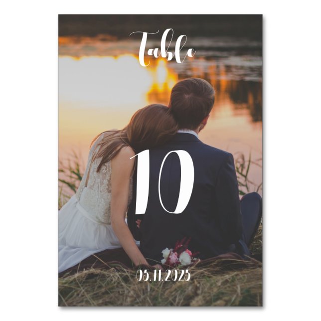 Elegant Photo Picture Couple Summer Sunset Wedding Table Number (Front)