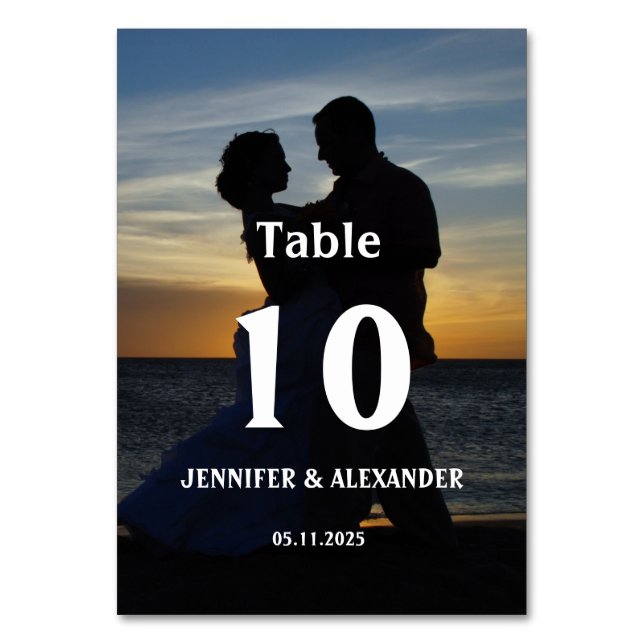 Elegant Photo Picture Couple Summer Sunset Wedding Table Number (Front)