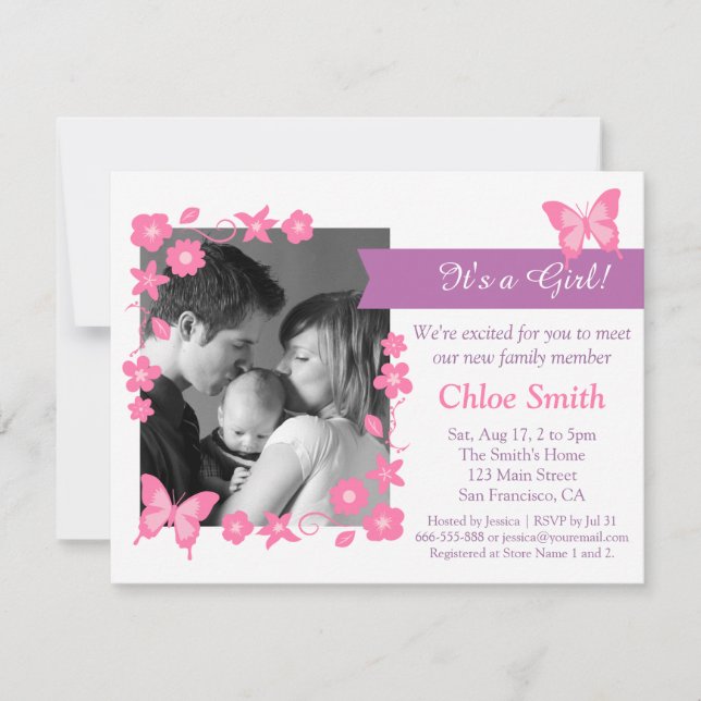 Elegant Photo Pink butterfly baby shower party Invitation (Front)