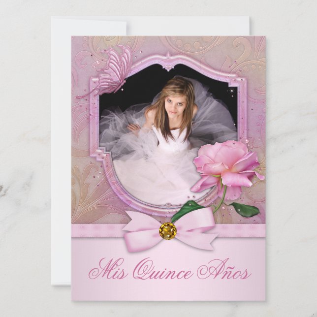 Elegant Photo Pink Butterfly Rose Quinceanera Invitation (Front)