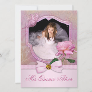 Elegant Photo Pink Butterfly Rose Quinceanera Invitation