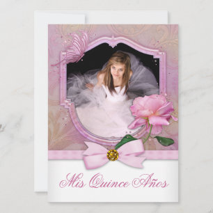 Elegant Photo Pink Butterfly Rose Quinceanera Invitation
