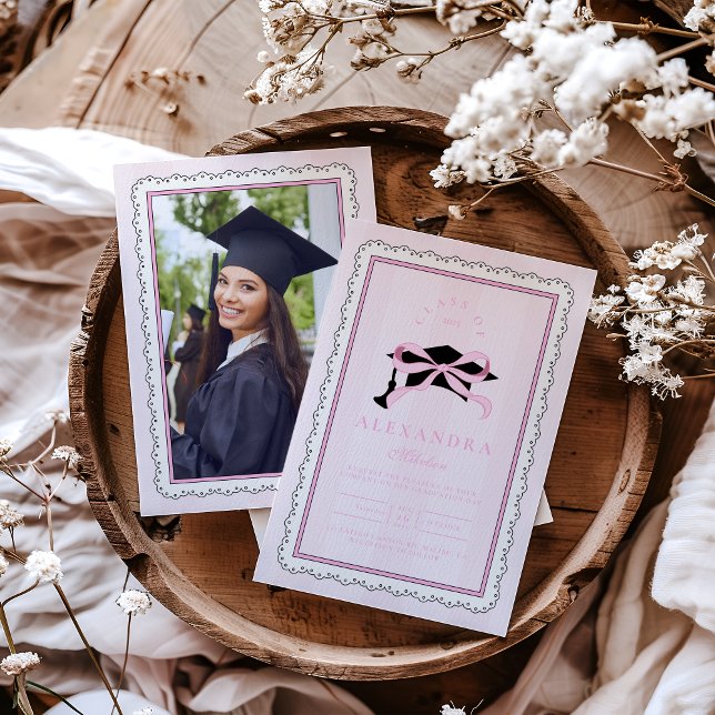Elegant Photo Pink Coquette  Bow Graduation Invitation (Creator Uploaded)