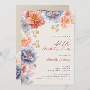 Elegant Photo Pink Floral 40th Birthday Invitation