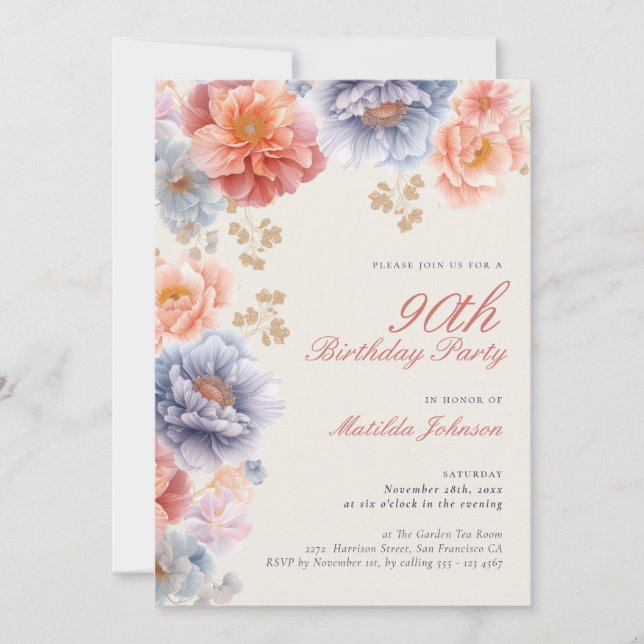 Elegant Photo Pink Floral 90th Birthday Invitation (Front)