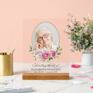 Elegant Photo Pink Floral Funeral Memorial Acrylic Sign