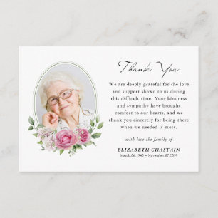 Elegant Photo Pink Floral Funeral Memorial  Thank You Card