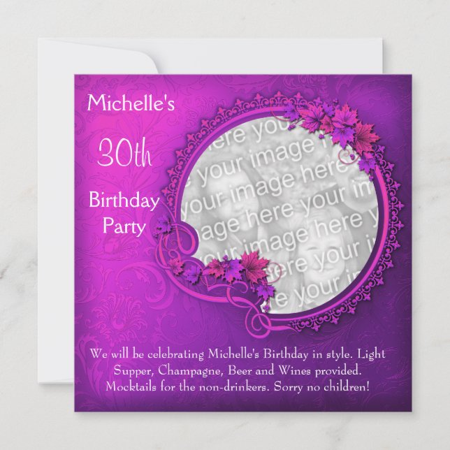 Elegant Photo Pink Purple Floral 30th Birthday Invitation (Front)