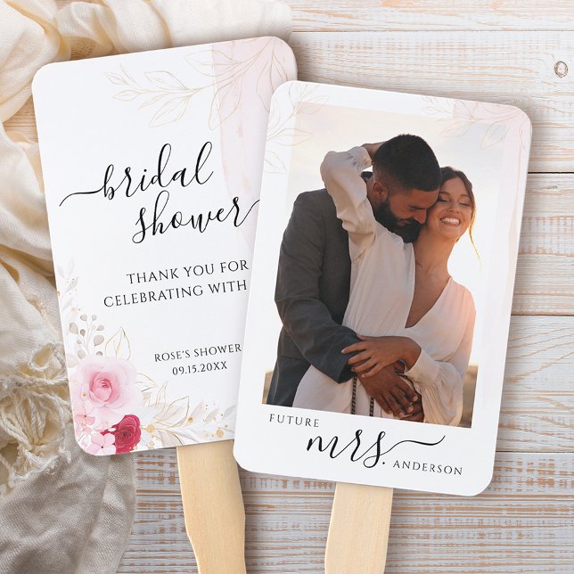 Elegant Photo Pink Red Gold Floral Bridal Shower Hand Fan (Creator Uploaded)