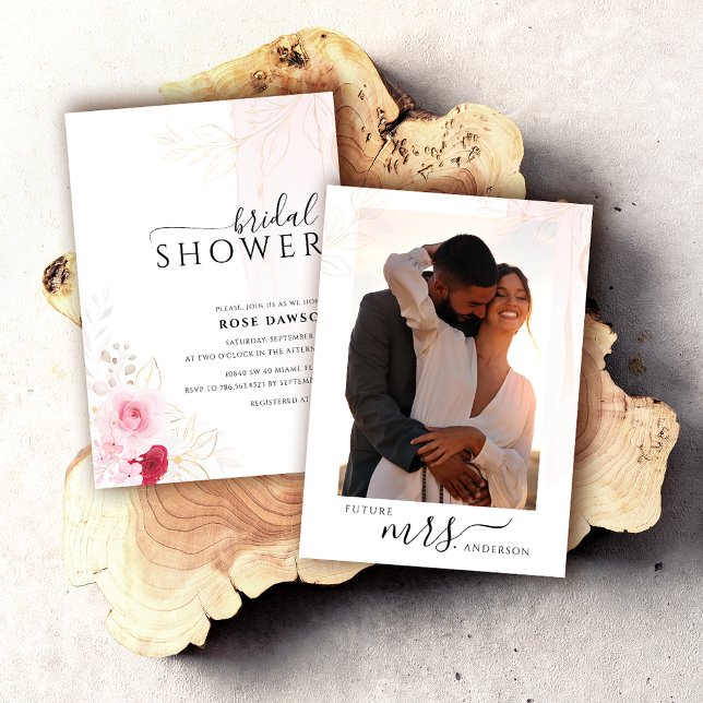 Elegant Photo Pink Red & Gold Floral Bridal Shower Invitation (Creator Uploaded)