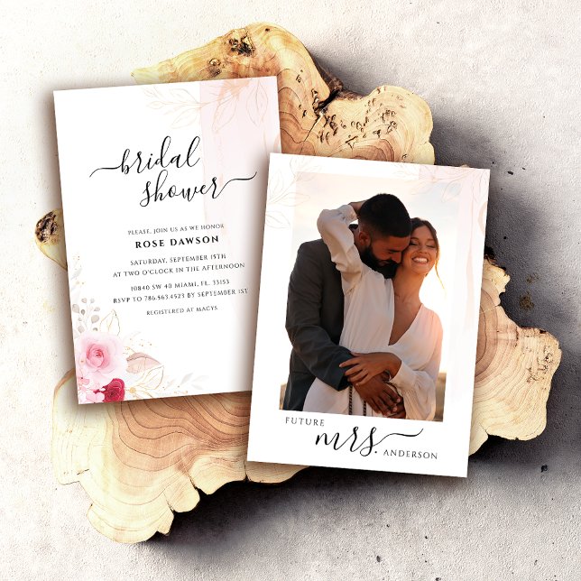Elegant Photo Pink Red & Gold Floral Bridal Shower Invitation (Creator Uploaded)