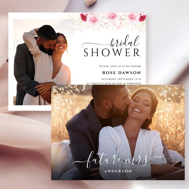 Elegant Photo Pink Red & Gold Floral Bridal Shower Invitation (Creator Uploaded)