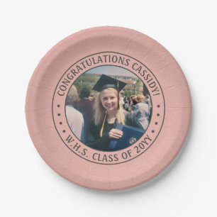 Elegant Photo Pink Rose Gold Modern Graduation Paper Plate