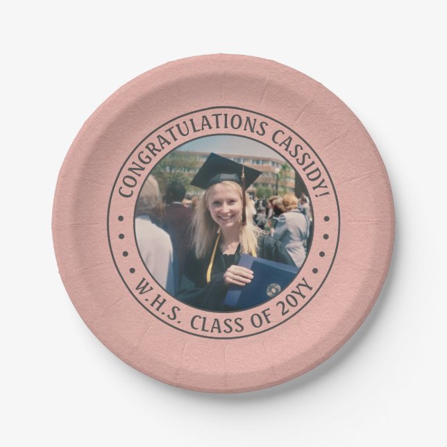 Elegant Photo Pink Rose Gold Modern Graduation Paper Plate (Front)