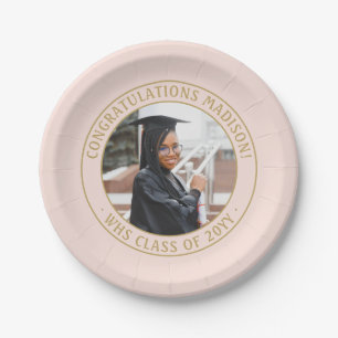 Elegant Photo Pink Rose Gold Modern Graduation Paper Plate