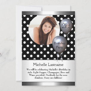 Elegant Photo Polka Dot Silver Balloon 21st Invitation