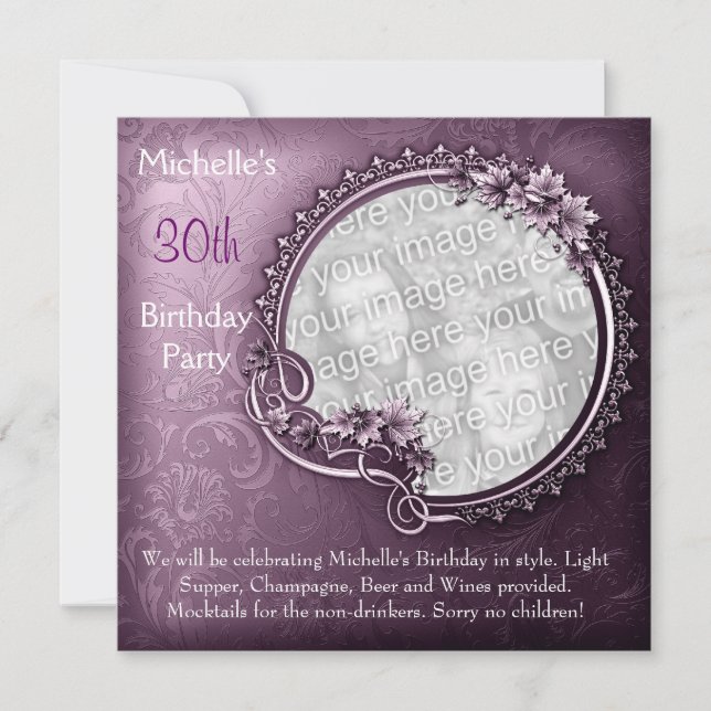 Elegant Photo Purple Floral 30th Birthday Invitation (Front)
