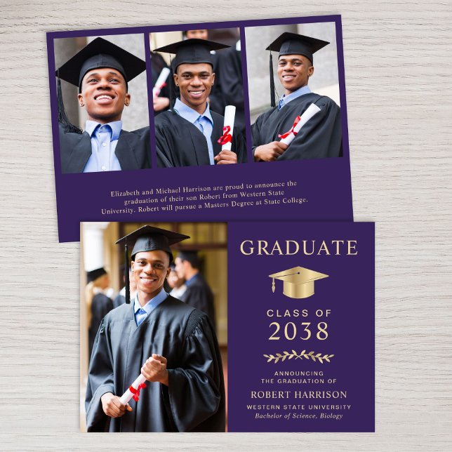 Elegant Photo Purple Gold College Graduation Announcement (An elegant college graduation announcement to celebrate the graduate's achievements)