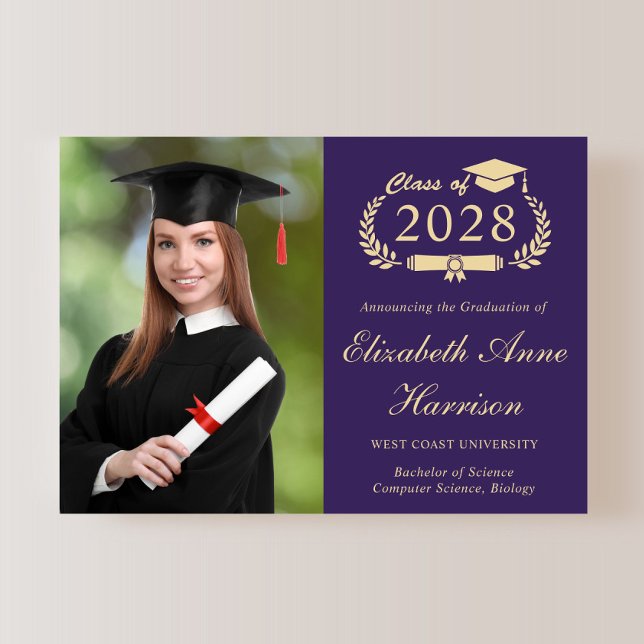 Elegant Photo Purple Gold College Graduation Announcement (An elegant college graduation announcement to celebrate the graduate's achievements)