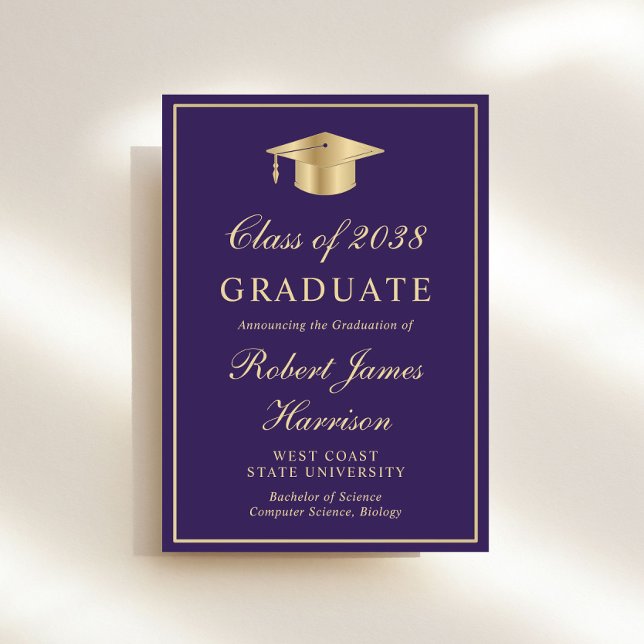 Elegant Photo Purple Gold Graduation Party Invitation (An elegant college graduation party invitation to celebrate the graduate's achievements)