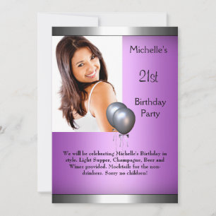 Elegant Photo Purple Pink Silver Balloon 21st Invitation