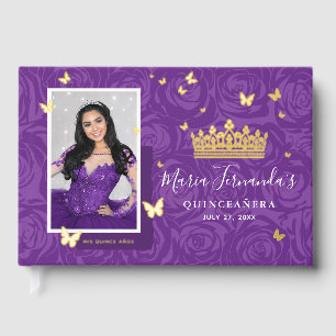 Elegant Photo Purple Quinceanera Real Gold Guest Book