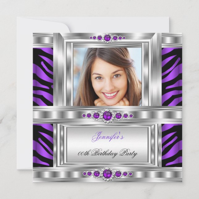 Elegant Photo Purple Zebra Silver Birthday Party Invitation (Front)