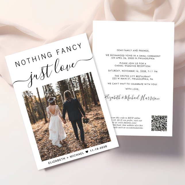 Elegant Photo QR Code Casual Wedding Reception Invitation (Input your wedding website address to create a QR code for guests to scan to RSVP online)