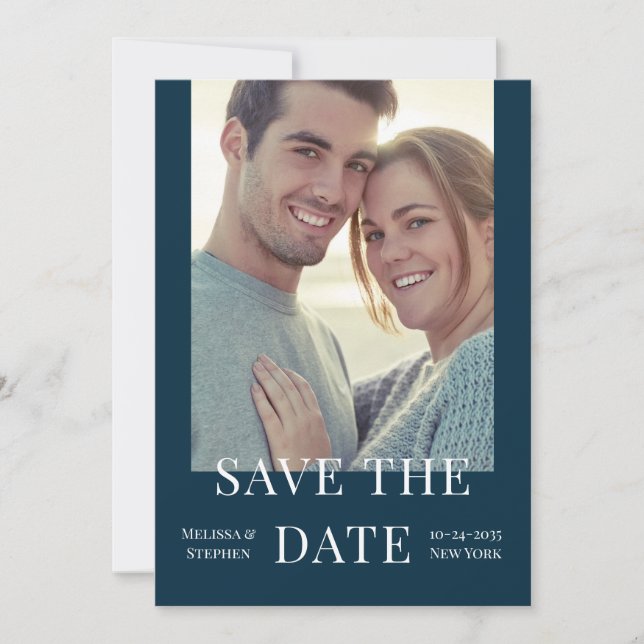 Elegant Photo QR Code Dark Blue Wedding Save The Date (Front)